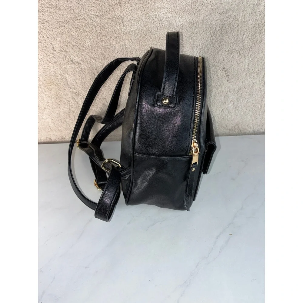 Black Faux Leather Mini Backpack - Small - Gold Hardware Chain Lining Chic Dark